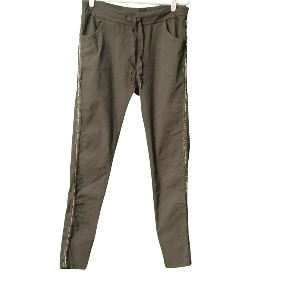 NT by Armati Olive Green Rhinestone Side Stripe Pants Drawstring Waist
